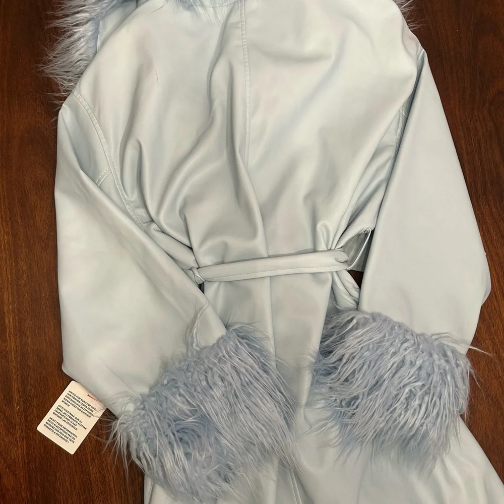 ASOS Sky Blue Leather Jacket with Plush Fur